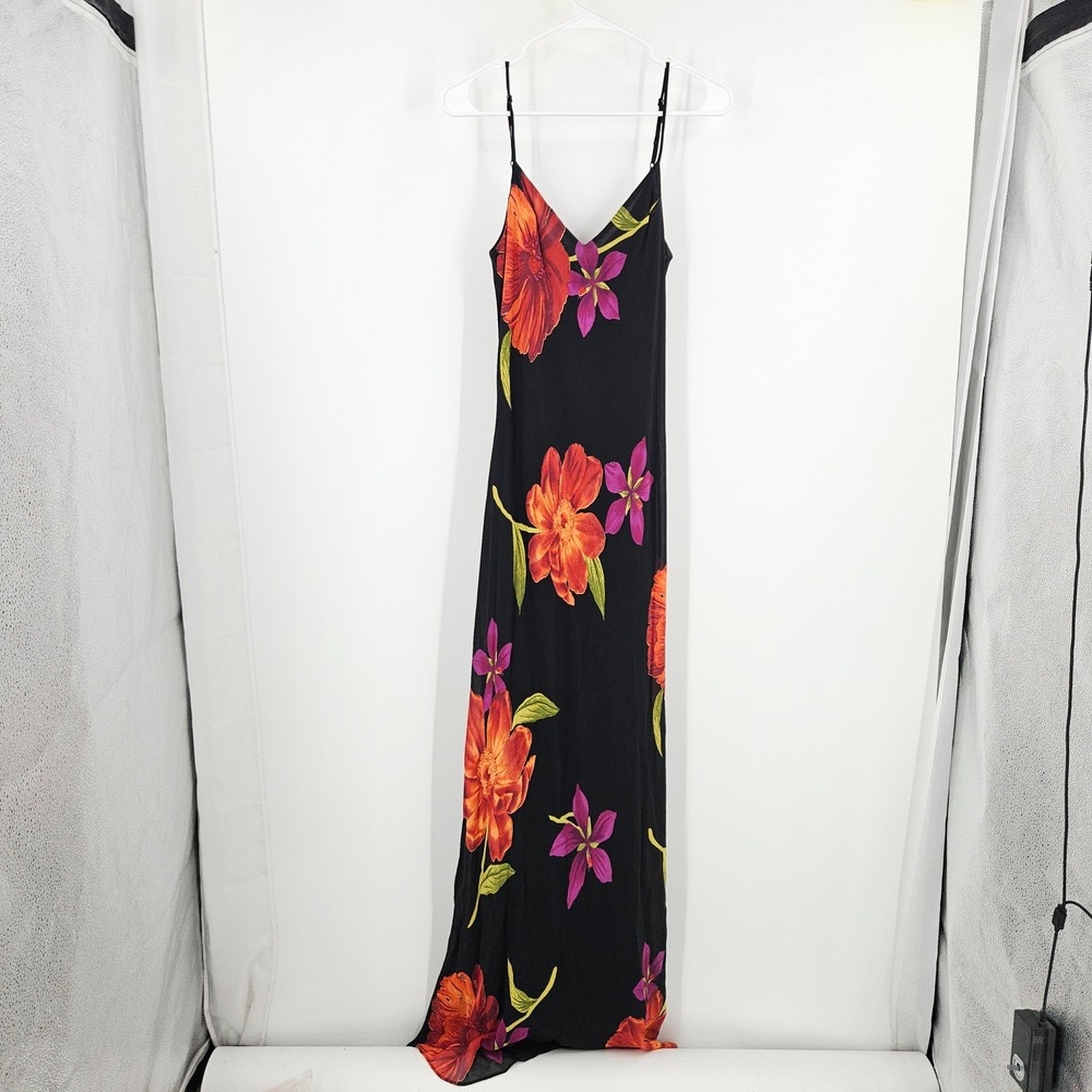 VTG y2k Lily Tropical Floral Maxi Dress Black V-Neck Spaghetti Strap Rayon Sz L